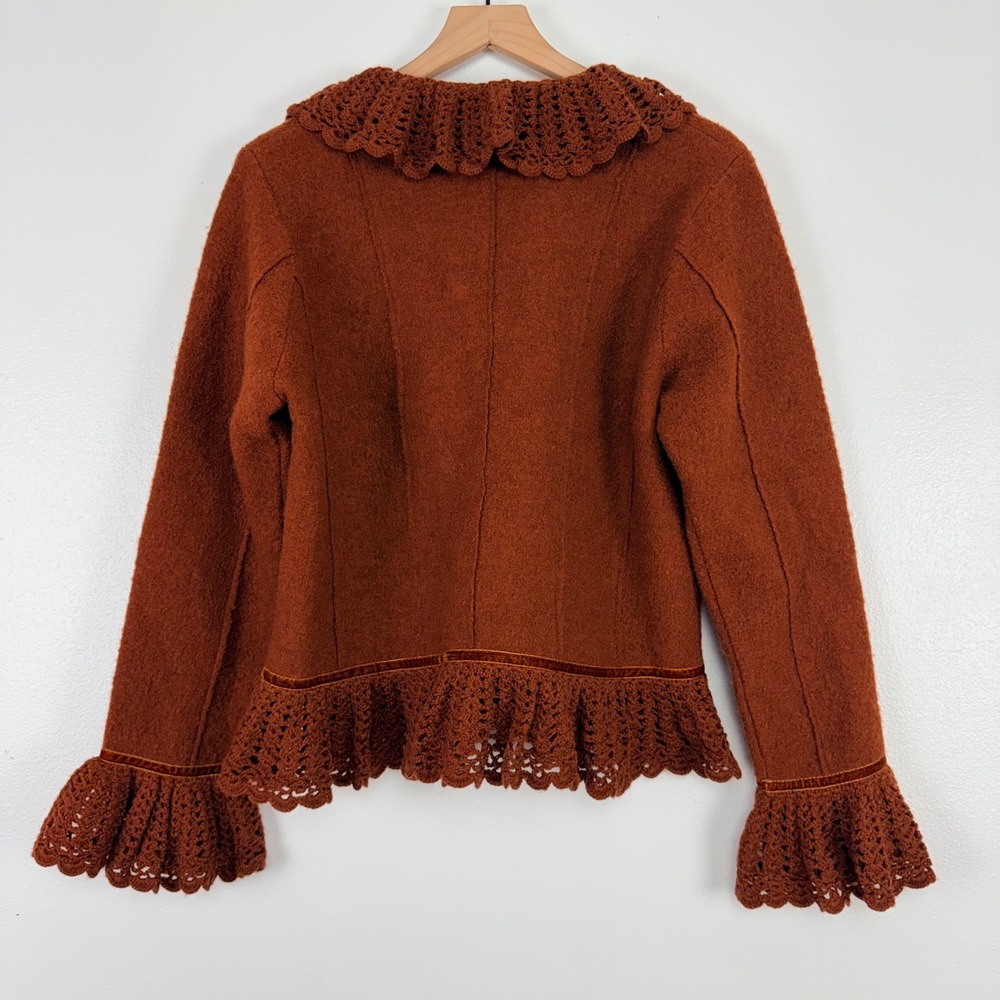 Vtg Lisa International Boiled Wool Blazer Jacket‎ M Crochet Ruffle V-Neck Brown - Picture 8 of 16